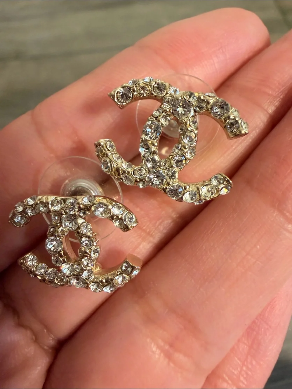 CHANEL Gold Crystal CC Stud Earrings